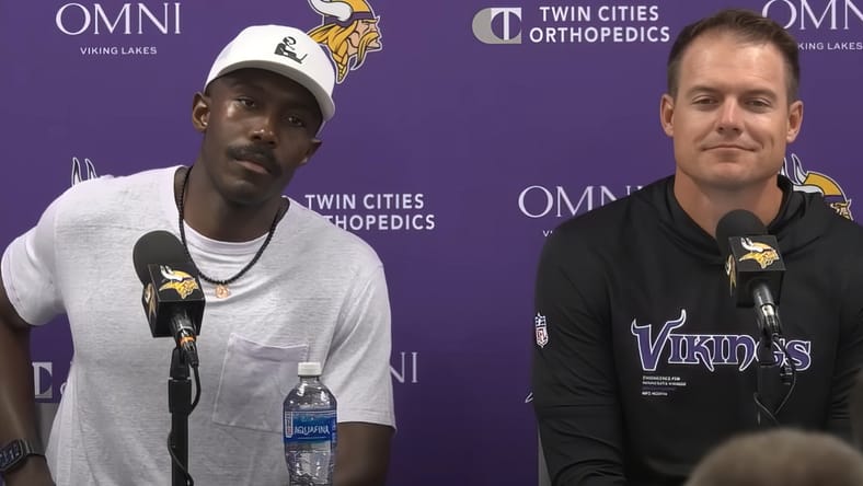 Kwesi Adofo-Mensah and Kevin O’Connell speak at a Vikings press conference. Vikings rumors.