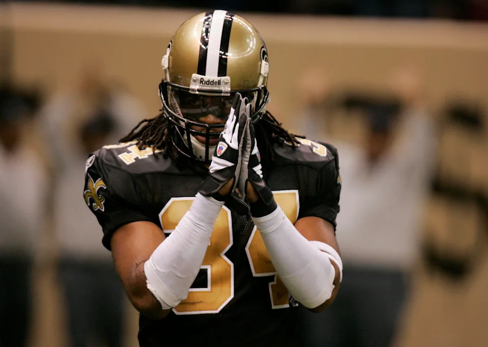 Dec. 2, 2007; New Orleans, LA, USA; New Orleans Saints cornerback (34) Mike McKenzie celebrates after his team scored a safety against the Tampa Bay Buccaneers at the Louisiana Superdome. The Buccaneers defeated the Saints 27-23. Mandatory Credit: Matt Stamey-USA TODAY Sports