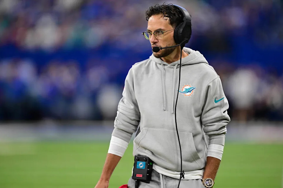 Miami Dolphins Head Coach Mike McDaniel walks on the sidelines before the first quarter against the Indianapolis Colts at Lucas Oil Stadium.Marc Lebryk-Imagn Images