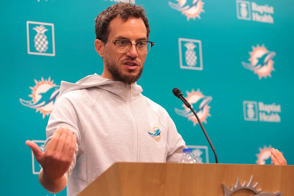 Miami Dolphins head coach Mike McDaniel talks to reporters before practice during mandatory minicamp at Hard Rock Stadium.Sam Navarro-Imagn Images