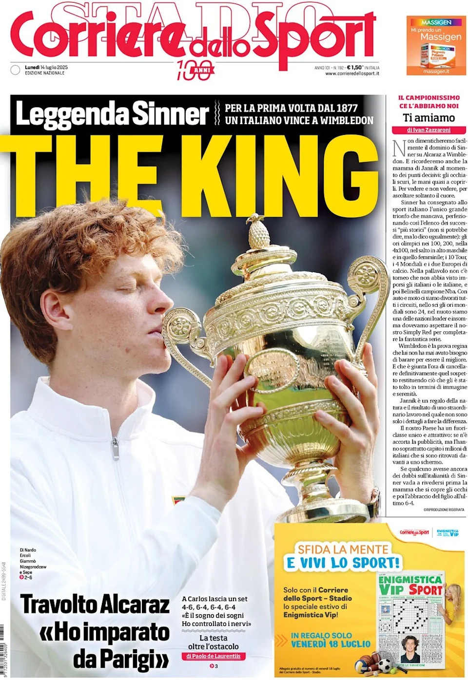 Corriere dello Sport’s front page on Monday, July 14, 2025.