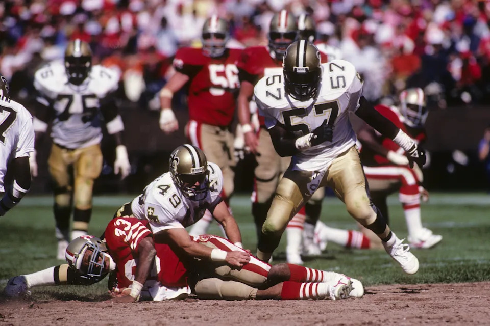 SAN FRANCISCO - SEPTEMBER 21: Safety Frank Wattelet #49 and linebacker Rickey Jackson #57 of the New Orleans Saints make a play against running back Roger Craig #33 of the San Francisco 49ers during the game at Candlestick Park on September 21, 1986 in San Francisco, California. The 49ers won 26-17. (Photo by George Rose/Getty Images)
