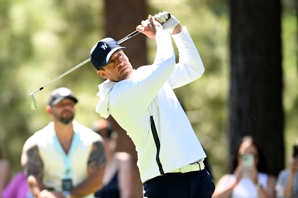 Aaron Rodgers plays his shot from the seventh tee box prior to the American Century Championship at Edgewood Tahoe Golf Course on July 10, 2025 in Stateline, Nevada. Getty Images