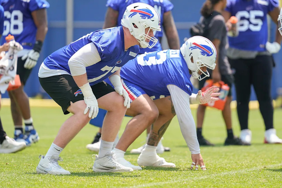 Jun 11, 2025; Orchard Park, NY, USA; Buffalo Bills offensive tackle Chase Lundt (77) works out during Minicamp at Highmark Stadium. Mandatory Credit: Gregory Fisher-Imagn Images