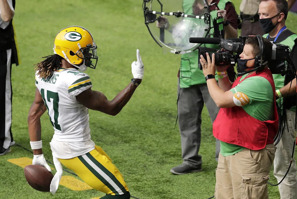 Green Bay Packers wide receiver Davante Adams (17) celebrates his second touchdown against the Minnesota Vikings during their football game Sunday, September 13, 2020, at U.S. Bank Stadium in Minneapolis, Minn. Green Bay won 43-34.

Apc Packersvsvikings 0913202662