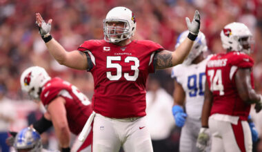 Center A.Q. Shipley #53 of the Arizona Cardinals reacts during the second half of the NFL game agai...