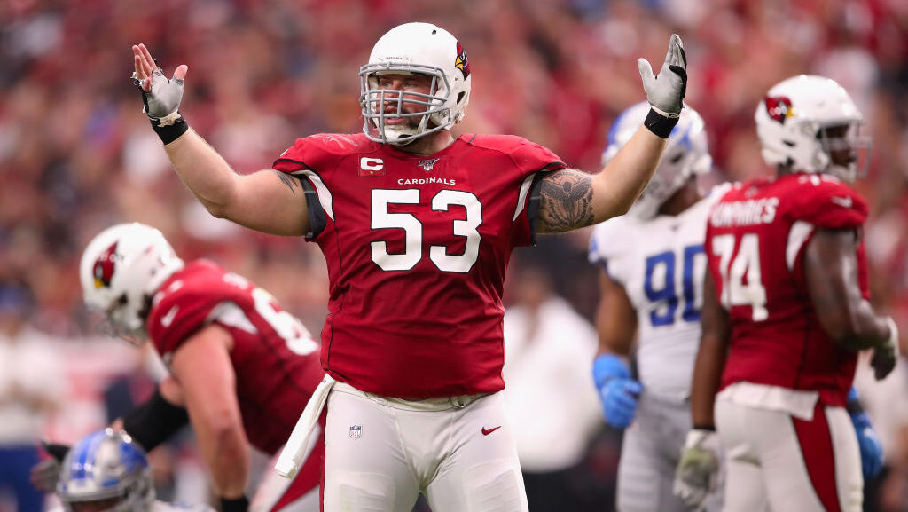 Center A.Q. Shipley #53 of the Arizona Cardinals reacts during the second half of the NFL game agai...