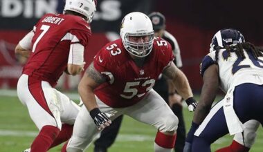 Arizona Cardinals center A.Q. Shipley (53) during the first half of an NFL football game against th...