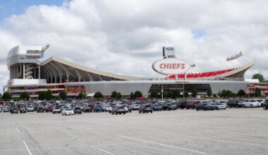 A view of Arrowhead Stadium from the Truman Sports Complex parking lot.