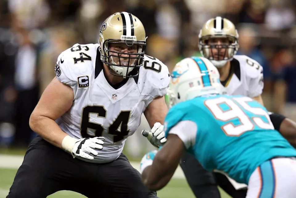 Sep 30, 2013; New Orleans Saints tackle Zach Strief (64) blocks during a game against the Miami Dolphins. Mandatory Credit: Chuck Cook-Imagn Images