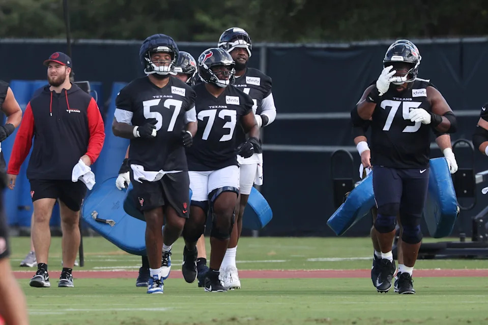 Jul 24, 2025; Houston, TX, USA; Houston Texans offensive linemen during training camp at Houston Methodist Training Center. Mandatory Credit: Troy Taormina-Imagn Images