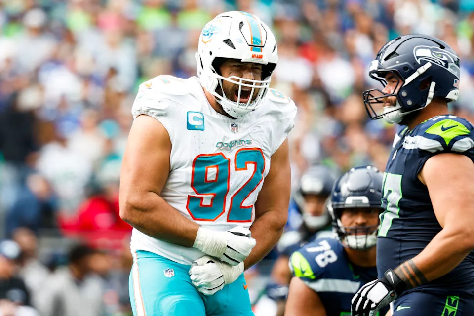 Miami Dolphins defensive tackle Zach Sieler (92) celebrates following a sack against the Seattle Seahawks during the second quarter at Lumen Field. Mandatory Credit: Joe Nicholson-Imagn Images © Joe Nicholson-Imagn Images