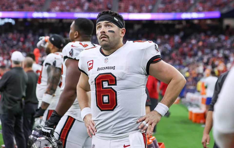 Nov 5, 2023; Houston, Texas, USA; Tampa Bay Buccaneers quarterback Baker Mayfield (6) on the sideline during the fourth quarter against the Houston Texans at NRG Stadium. Mandatory Credit: Troy Taormina-USA TODAY Sports