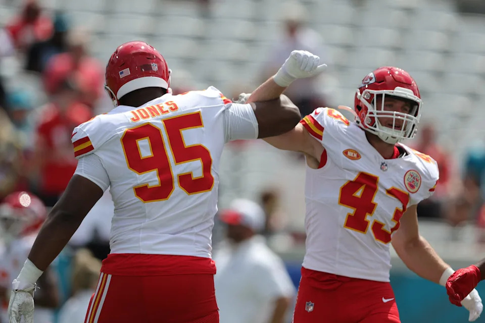 Sep 17, 2023; Jacksonville, Florida, USA; Kansas City Chiefs defensive tackle Chris Jones (95) and linebacker Jack Cochrane (43) warm up before a game against the Jacksonville Jaguarsat EverBank Stadium. Mandatory Credit: Nathan Ray Seebeck-USA TODAY Sports