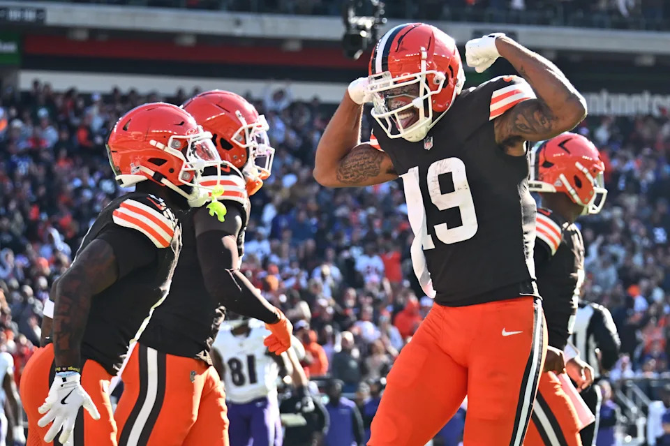 Cleveland Browns wide receiver Cedric Tillman (19) celebrates after catching a touchdown pass against the Baltimore Ravens on Oct. 27, 2024, in Cleveland, Ohio.