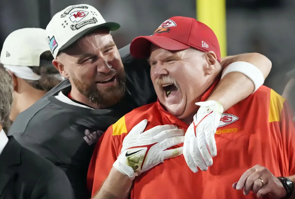 Kansas City Chiefs TE Travis Kelce and head coach Andy Reid celebrate after beating the Philadelphia Eagles in Super Bowl LVII.Michael Chow &sol; USA TODAY NETWORK via Imagn Images
