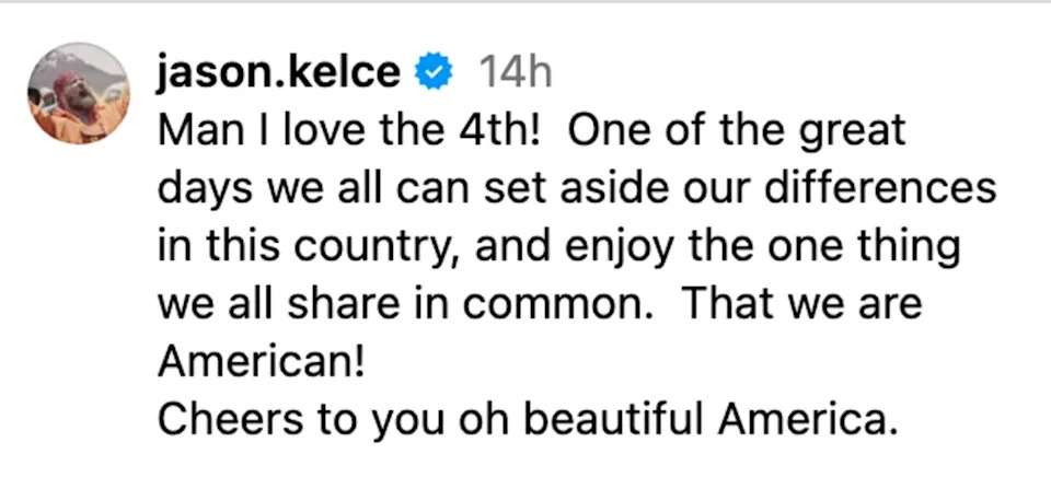 A second social media user added that they “can’t just set aside our differences” beause “what this country is becoming is not something I’m proud of.” Instagram/@jason.kelce