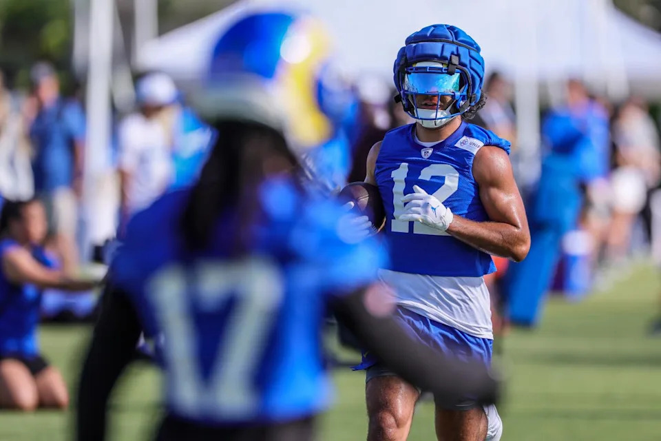 Receivers Puka Nacua, right, and Davante Adams at day one of training camp for the LA Rams at Loyola Marymount University.