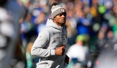Cleveland Browns quarterback Deshaun Watson runs on the field before an NFL football game against the Seattle Seahawks, Sunday, Oct. 29, 2023, in Seattle.
