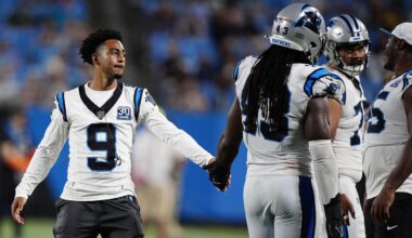 Carolina Panthers quarterback Bryce Young (9) greets teammates during a preseason game against the New York Jets, Saturday, Aug. 17, 2024, in Charlotte, N.C. (AP File Photo/Jacob Kupferman)