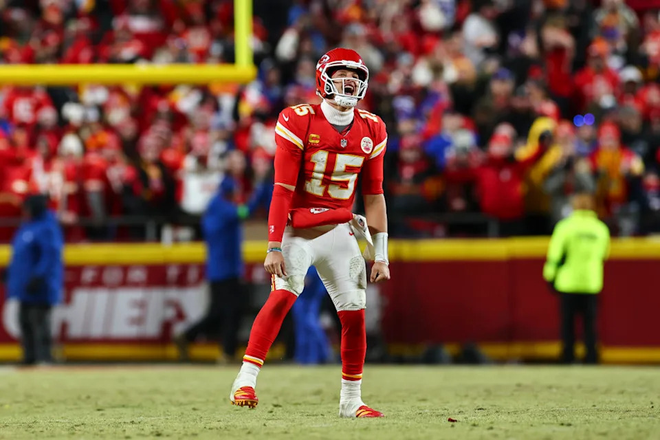 KANSAS CITY, MISSOURI - JANUARY 26: Patrick Mahomes #15 of the Kansas City Chiefs celebrates after a first down late in the fourth quarter of the AFC Championship Game against the Buffalo Bills at GEHA Field at Arrowhead Stadium on January 26, 2025 in Kansas City, Missouri. (Photo by Aaron M. Sprecher/Getty Images)Aaron M&period; Sprecher&sol;Getty Images