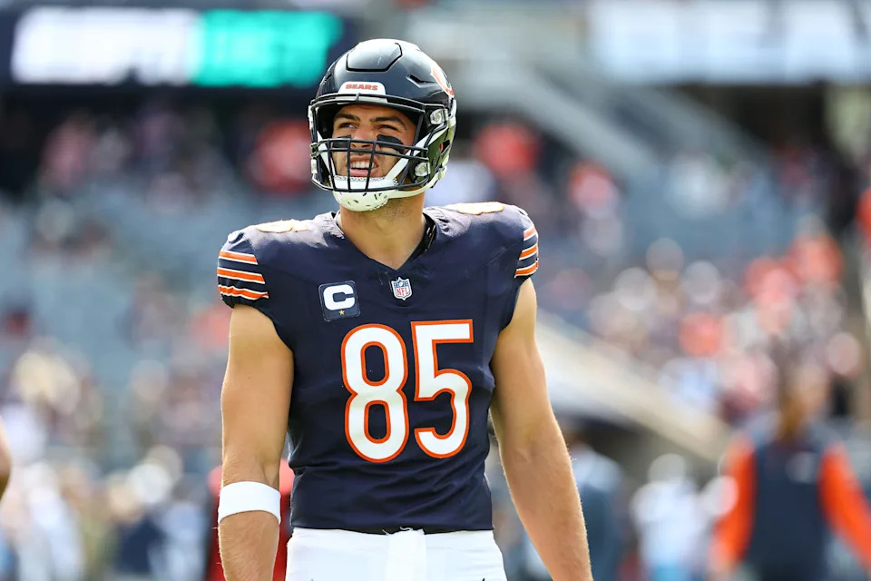 Sep 8, 2024; Chicago, Illinois, USA; Chicago Bears tight end Cole Kmet (85) practices before the game against the Tennessee Titans at Soldier Field. Mandatory Credit: Mike Dinovo-Imagn Images