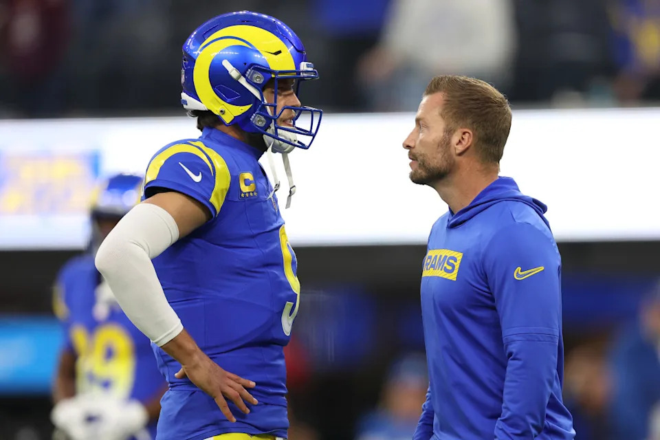 INGLEWOOD, CALIFORNIA - DECEMBER 28: Matthew Stafford #9 of the Los Angeles Rams speaks with head coach Sean McVay prior to the game against the Arizona Cardinals at SoFi Stadium on December 28, 2024 in Inglewood, California. (Photo by Harry How/Getty Images)Harry How&sol;Getty Images