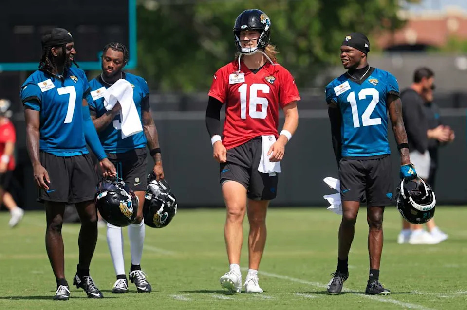 From left, Jacksonville Jaguars wide receiver Brian Thomas Jr. (7), wide receiver Dyami Brown (5), quarterback Trevor Lawrence (16) and wide receiver Travis Hunter (12)Corey Perrine&sol;Florida Times-Union