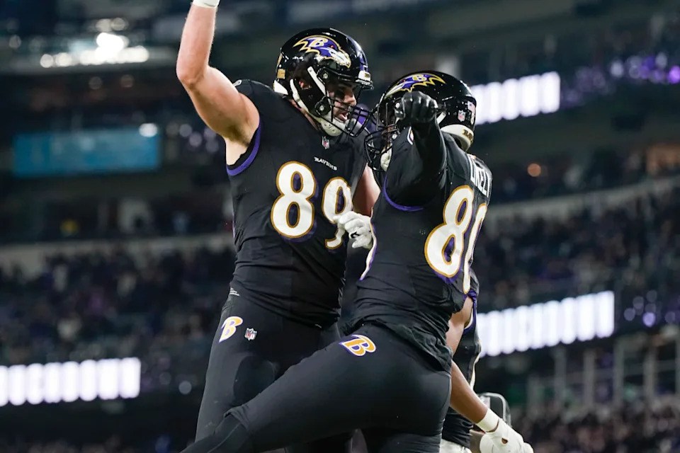 Jan 1, 2023; Baltimore, Maryland, USA; Baltimore Ravens tight end Isaiah Likely (80) celebrates with tight end Mark Andrews (89) after scoring a touchdown against the Pittsburgh Steelers during the first half at M&T Bank Stadium. Mandatory Credit: Jessica Rapfogel-USA TODAY SportsImage via Jessica Rapfogel-USA TODAY Sports