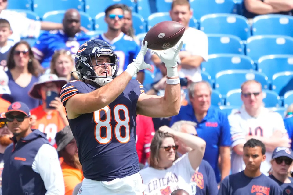 Aug 10, 2024; Orchard Park, New York, USA; Chicago Bears tight end Stephen Carlson (88) warms up prior to the game against the Buffalo Bills at Highmark Stadium. Mandatory Credit: Gregory Fisher-USA TODAY Sports