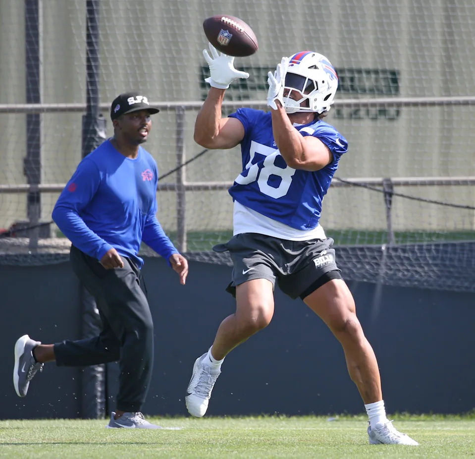 Bills linebacker Matt Milano pulls in a pass during interception drills during the second day of Buffalo Bills training camp at St. John Fisher University Thursday, July 24, 2025 in Pittsford.