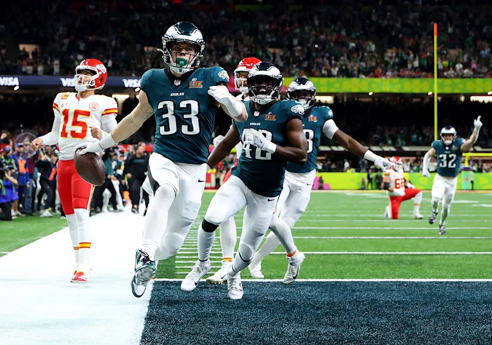 Cooper DeJean and the Philadelphia Eagles celebrate DeJean's touchdown off a Patrick Mahomes interception in Super Bowl LIX. (Photo by Gregory Shamus/Getty Images)