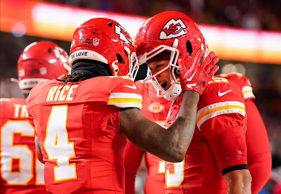 <em>Kansas City Chiefs quarterback Patrick Mahomes (15) celebrates with wide receiver Rashee Rice (4) during the first half of a 2024 AFC wild card game against the Miami Dolphins at GEHA Field at Arrowhead Stadium.</em><strong>Jay Biggerstaff-USA TODAY Sports</strong>