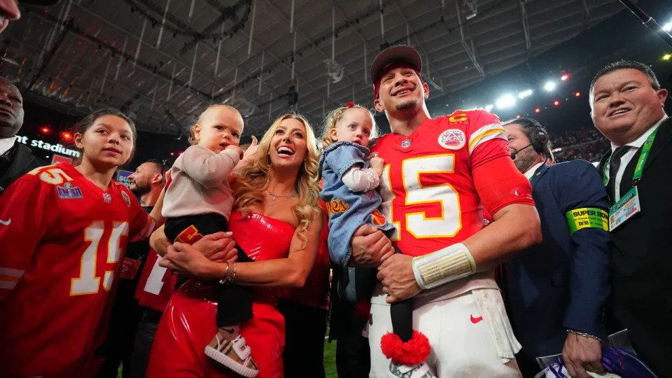 Football: Super Bowl LVIII: Kansas City Chiefs Patrick Mahomes (15) poses with wife Brittany Mahomes and their children Patrick Bronze and Sterling Skye following victory vs San Francisco 49ers at Allegiant Stadium. Las Vegas, NV 2/11/2024 CREDIT: Erick W. Rasco (Set Number: X164496 TK1)