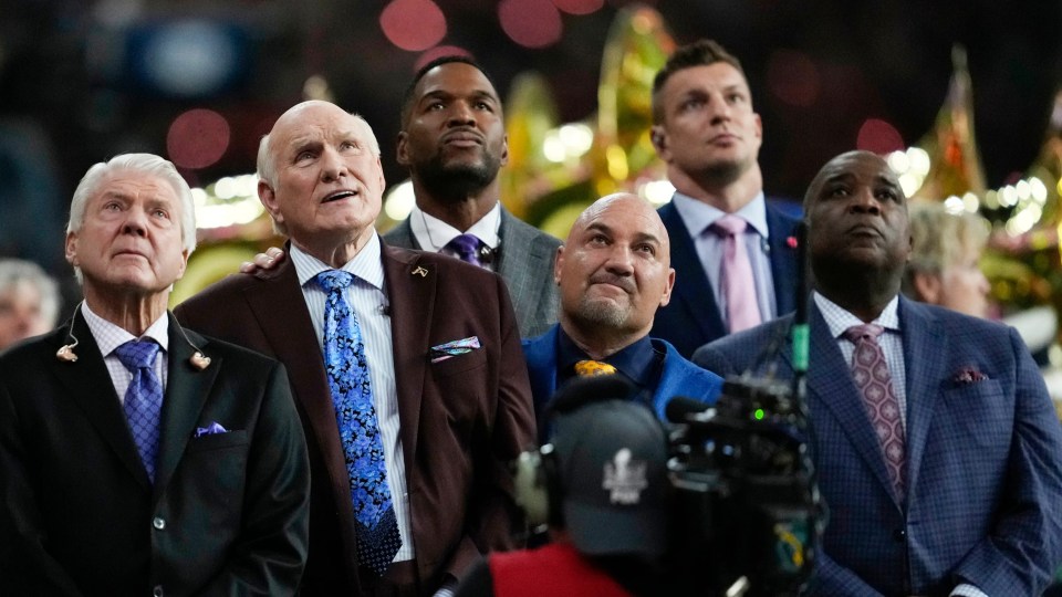 Jimmy Johnson, Terry Bradshaw, Rob Gronkowski, and Michael Strahan at Super Bowl LIX.