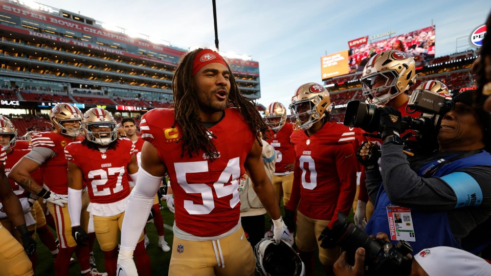 Fred Warner #54 of the San Francisco 49ers addresses his team on the field.