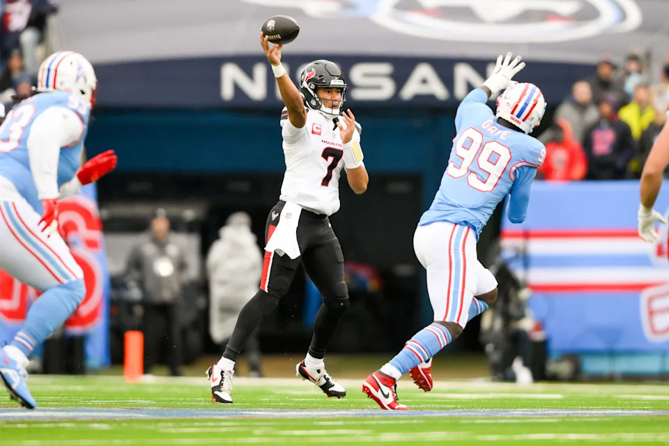 Jan 5, 2025; Nashville, Tennessee, USA; Houston Texans quarterback C.J. Stroud (7) throws a pass against the Tennessee Titans during the first half at Nissan Stadium. Mandatory Credit: Steve Roberts-Imagn Images