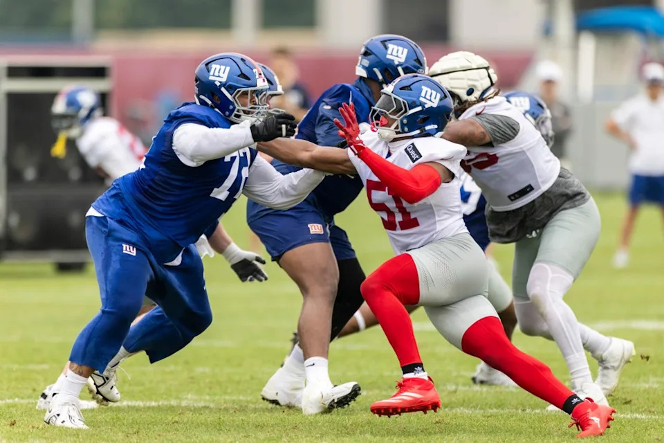 New York Giants linebacker Abdul Carter (51) runs against offensive tackle Jermaine Eluemunor (72) during Training Camp at the Quest Diagnostics center, Sunday, July 27, 2025, in East Rutherford, New Jersey. Corey Sipkin for the NY POST
