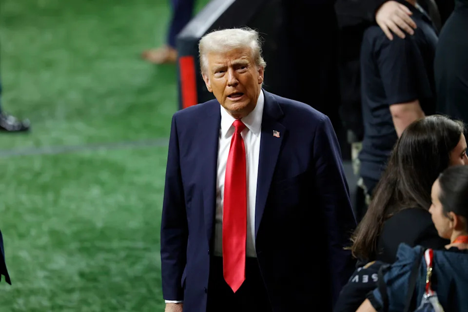 NEW ORLEANS, LA - FEBRUARY 09: President Donald Trump walks on the field during Super Bowl LIX between the Philadelphia Eagles and the Kansas City Chiefs on February 09, 2025, at the Caesars Superdome in New Orleans, LA. (Photo by Bob Kupbens/Icon Sportswire via Getty Images)Icon Sportswire&sol;Getty Images