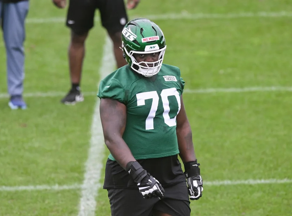 New York Jets offensive tackle Armand Membou (70) looks on during minicamp at Atlantic Health Jets Training Center. John Jones-Imagn Images