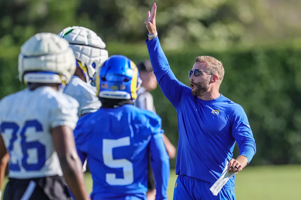 Rams head coach Sean McVay has begun training camp without Matthew Stafford on the field.  (Robert Gauthier/Los Angeles Times via Getty Images)