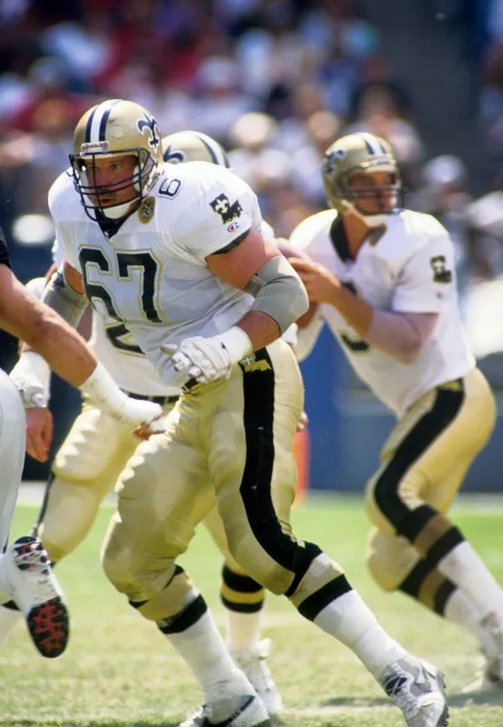 Sep 29, 1991; FILE PHOTO; New Orleans Saints tackle Stan Brock (67) in action against the Atlanta Falcons. Mandatory Credit: Manny Rubio-Imagn Images