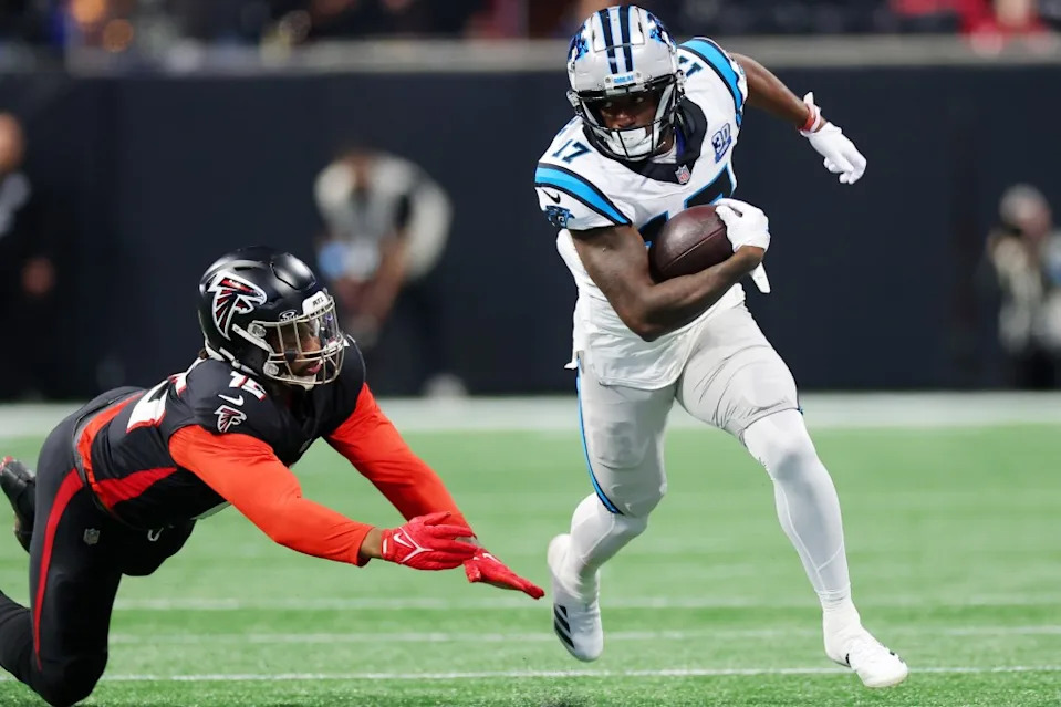 Panthers receiver Xavier Legette during a game against the Falcons on Jan. 5. Getty Images