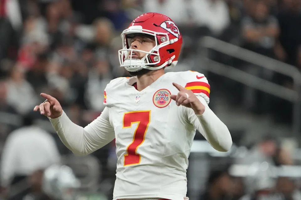Kansas City Chiefs kicker Harrison Butker's goal is to win the Super Bowl in the upcoming season. © Kirby Lee-Imagn Images