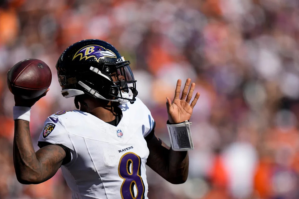 Baltimore Ravens quarterback Lamar Jackson (8) throws a pass in the fourth quarter of the NFL Week 5 game between the Cincinnati Bengals and Baltimore Ravens at Paycor Stadium in downtown Cincinnati on Sunday, Oct. 6, 2024. The Bengals fell to 1-4 on the season with a 41-38 loss to the Ravens.