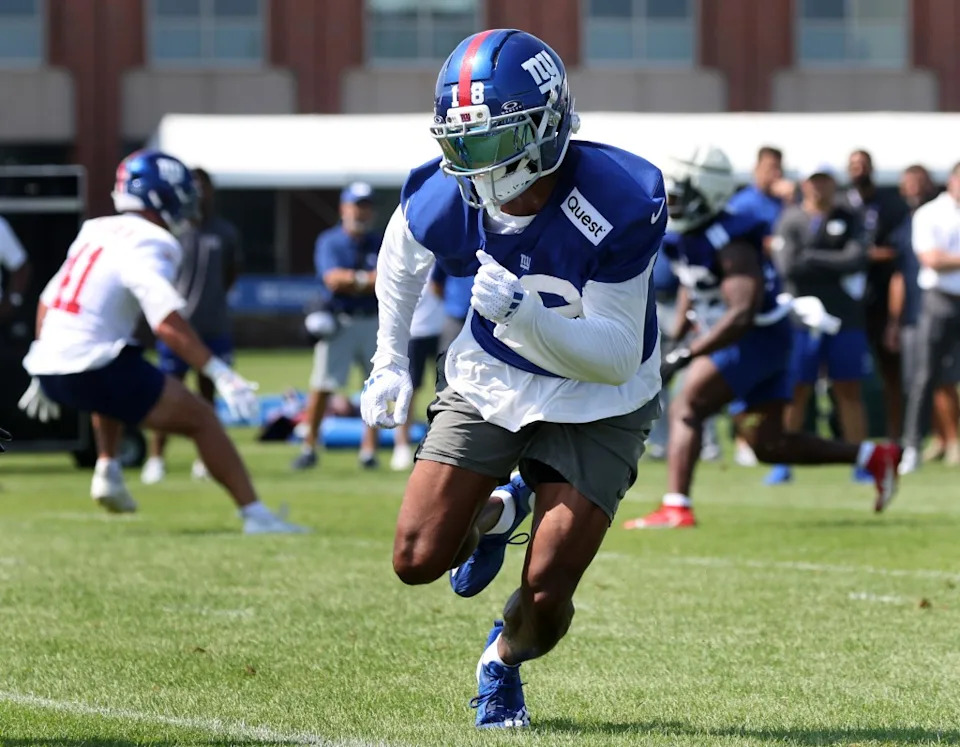 Giants wide receiver Darius Slayton, running a route during practice at the Giants training facility in East Rutherford, NJ. Charles Wenzelberg / New York Post