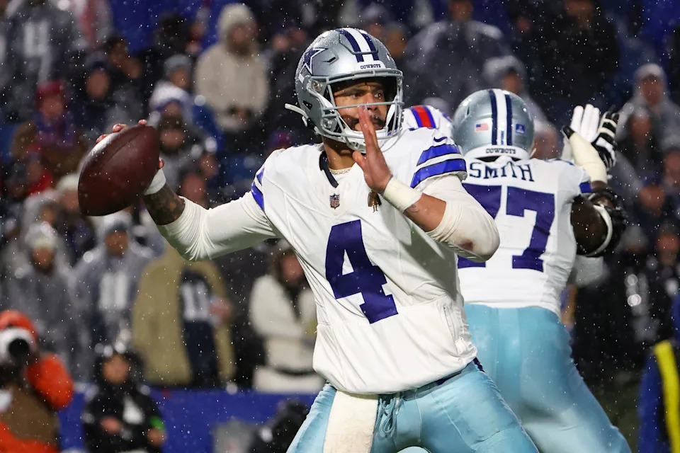 ORCHARD PARK, NEW YORK - DECEMBER 17: Dak Prescott #4 of the Dallas Cowboys attempts a pass during the fourth quarter against the Buffalo Bills at Highmark Stadium on December 17, 2023 in Orchard Park, New York. (Photo by Timothy T Ludwig/Getty Images)