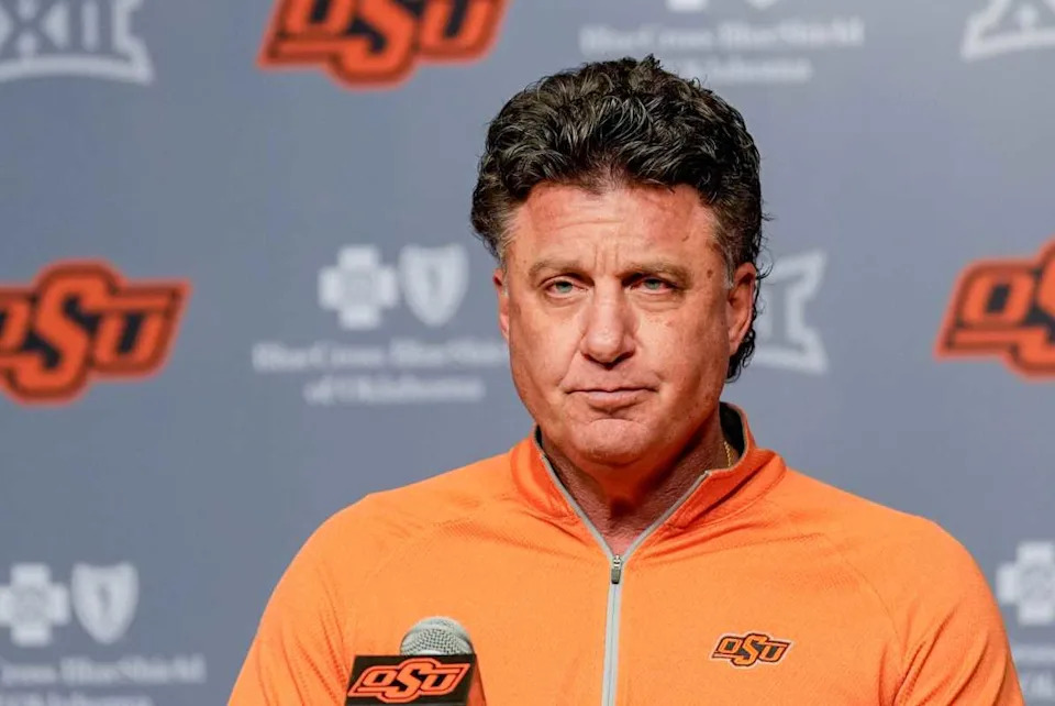 Oklahoma State head football coach Mike Gundy speaks during a press conference at Boone Pickens Stadium in Stillwater, Okla.© NATHAN J&period; FISH&sol;THE OKLAHOMAN &sol; USA TODAY NETWORK via Imagn Images