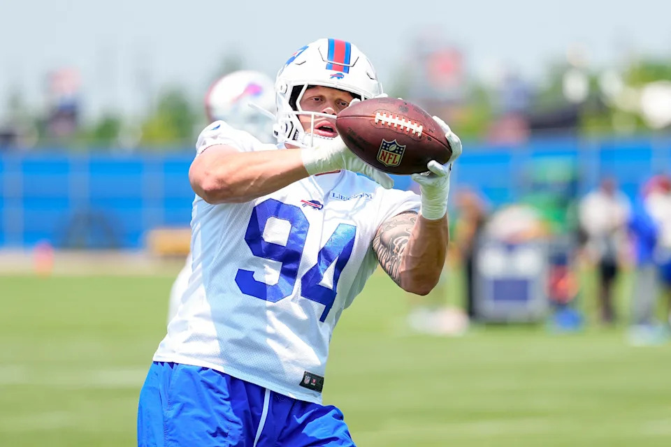 Jun 11, 2025; Orchard Park, NY, USA; Buffalo Bills edge rusher Landon Jackson (94) makes a catch during Minicamp at Highmark Stadium. Mandatory Credit: Gregory Fisher-Imagn Images