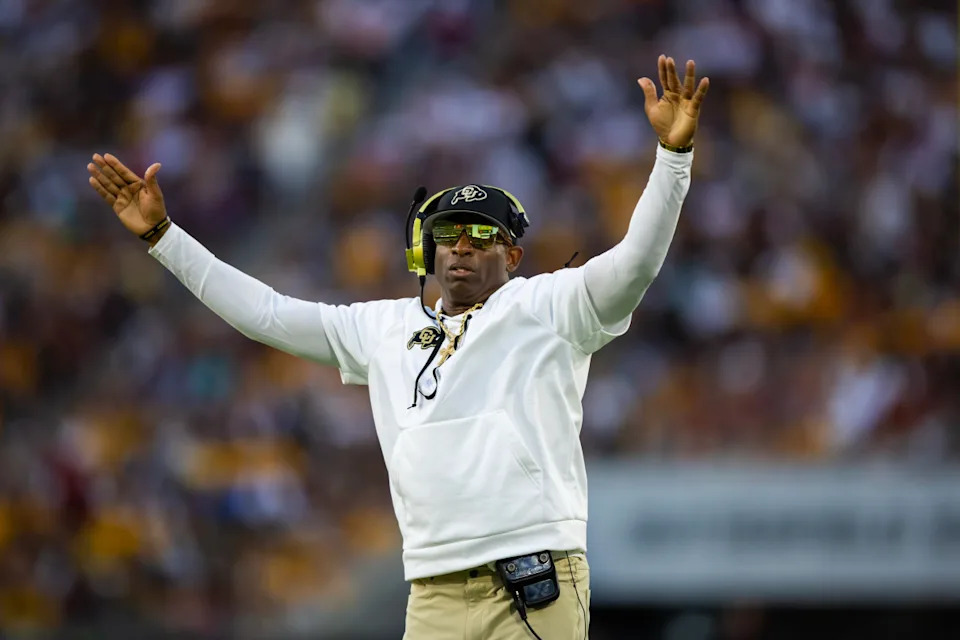 Colorado Buffaloes head coach Deion Sanders reacts against the Arizona State Sun DevilsMark J. Rebilas-Imagn Images